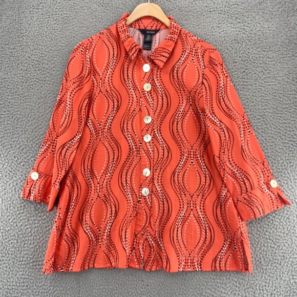 Ali Miles Tops - Ali Miles Top Womens Medium Coral Dot Pattern Button Up 3/4 Sleeve Wired Collar